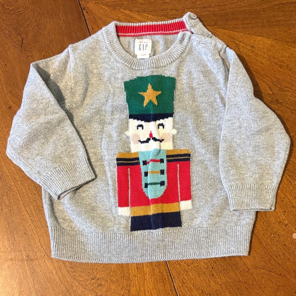 GAP Gray Knit Nutcracker Sweater with Red, Green & Navy